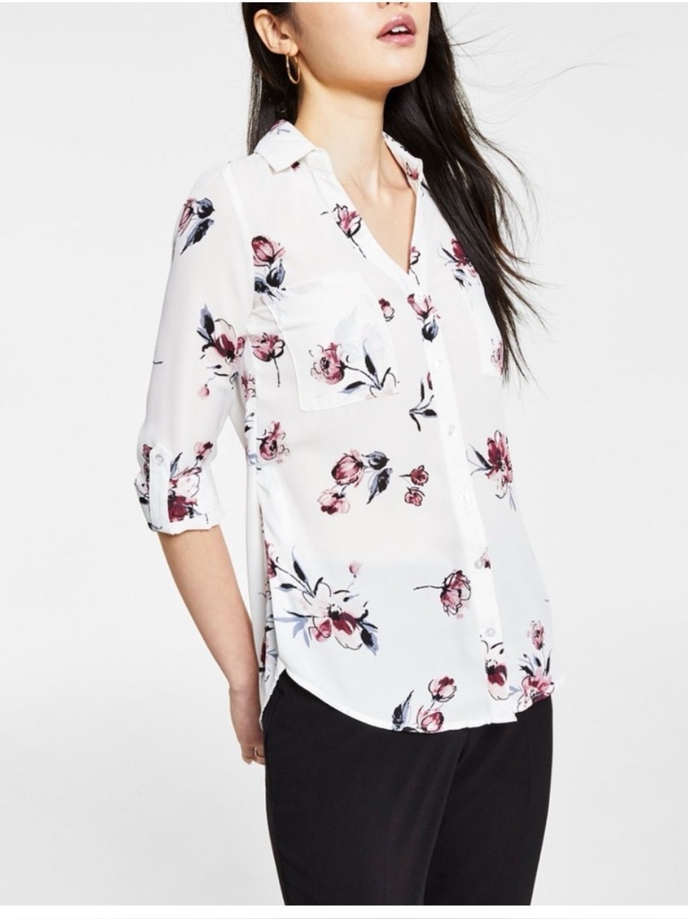 Floral Print Lightweight Top in White with Pink & Green Accents